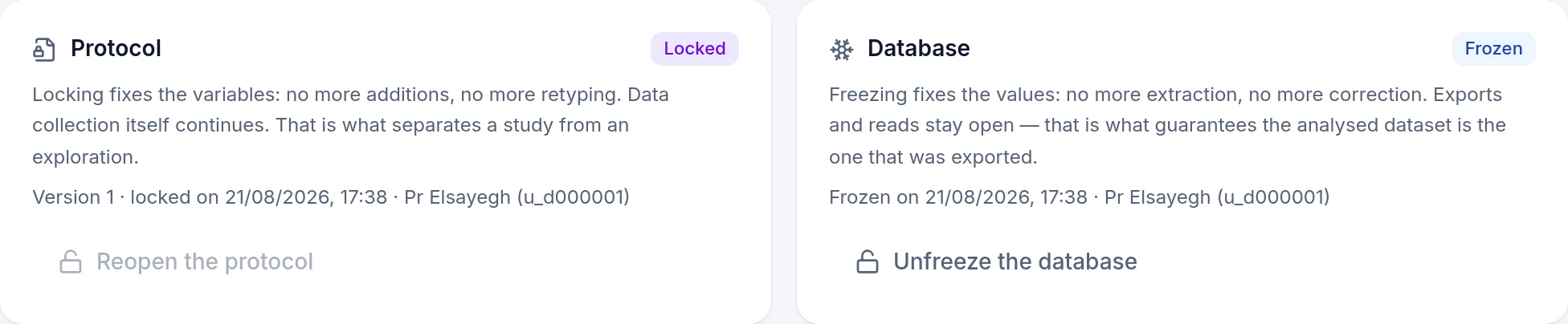 لوحة الحوكمة: بطاقة البروتوكول بشارة مقفل، وبطاقة قاعدة البيانات بشارة مجمَّدة، كلتاهما مؤرَّخة وموقَّعة.