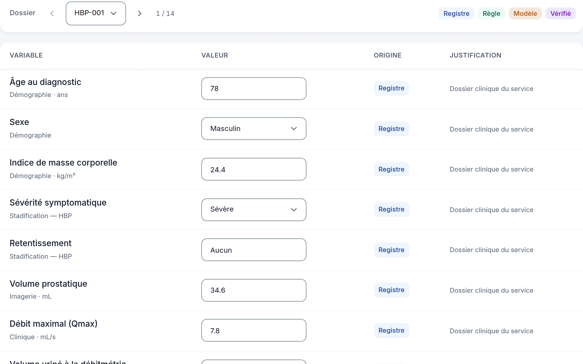 The review screen: variable, value, origin and justification columns; each value carries a Registry, Rule, Model or Verified badge.