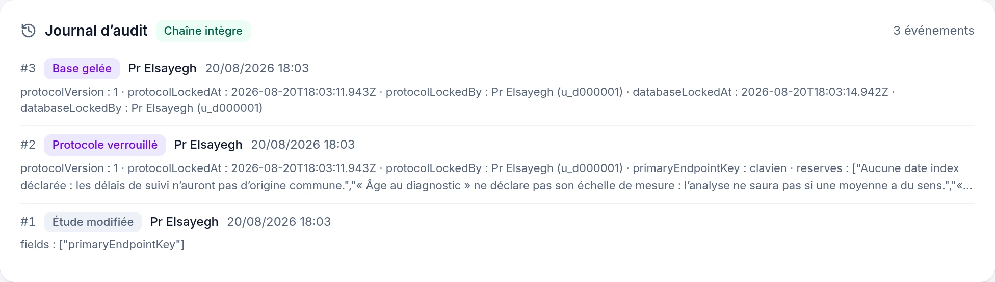 The audit log: a Chain intact badge, numbered events — study modified, protocol locked, database frozen — signed and timestamped.