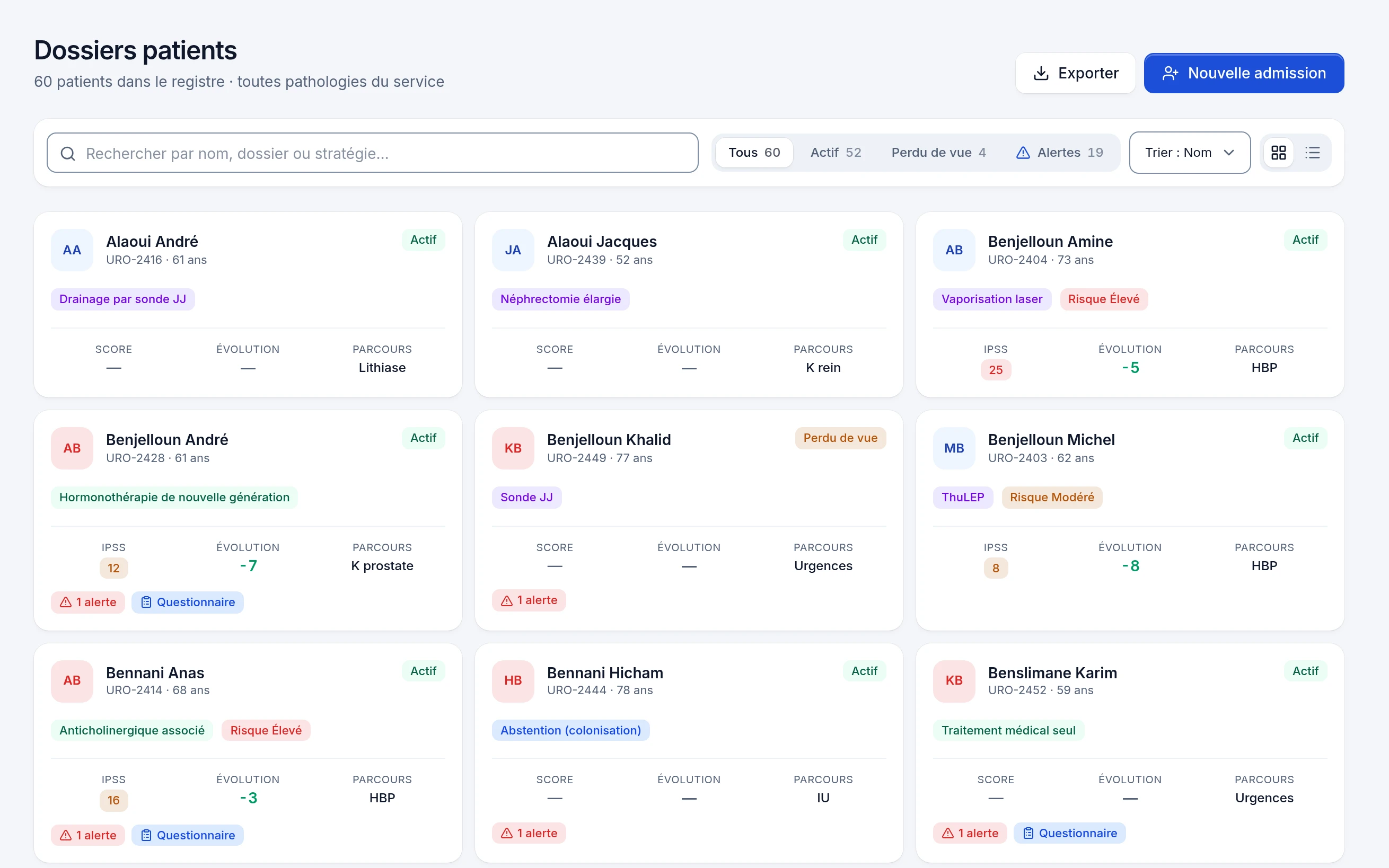 The patient record registry: 60 records, Active / Lost to follow-up / Alerts filters, patient cards with strategy, IPSS score and change.